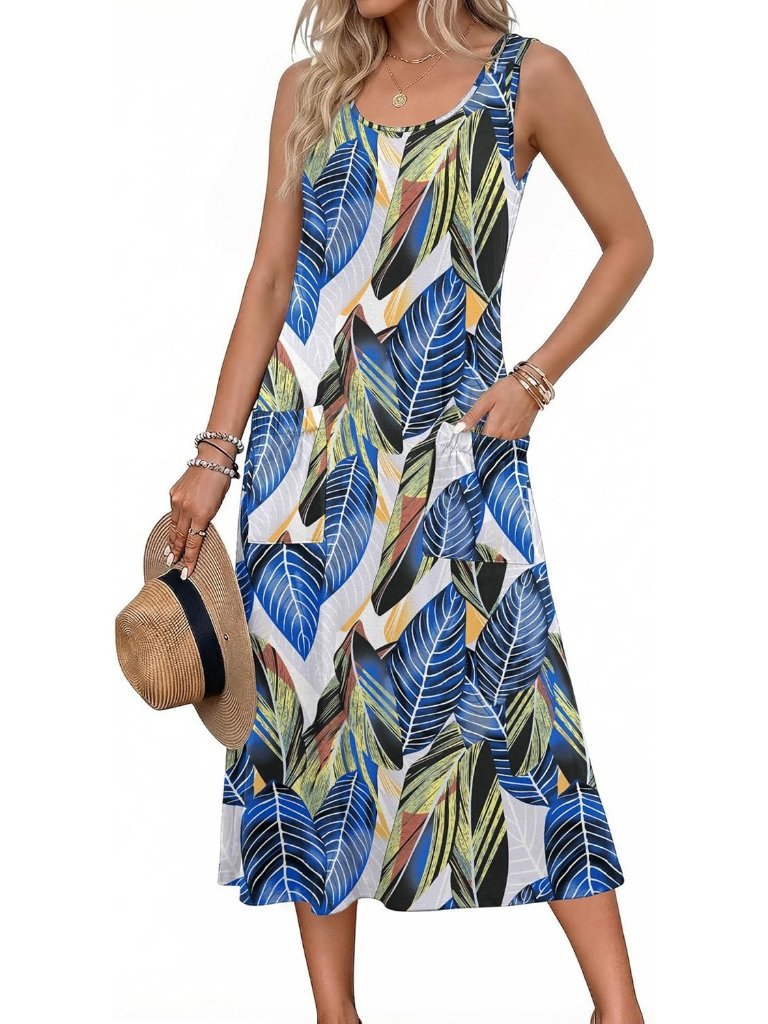 Women's Blue Leaf Crewneck Midi Summer Sleeveless Dress Beach Casual Sundress